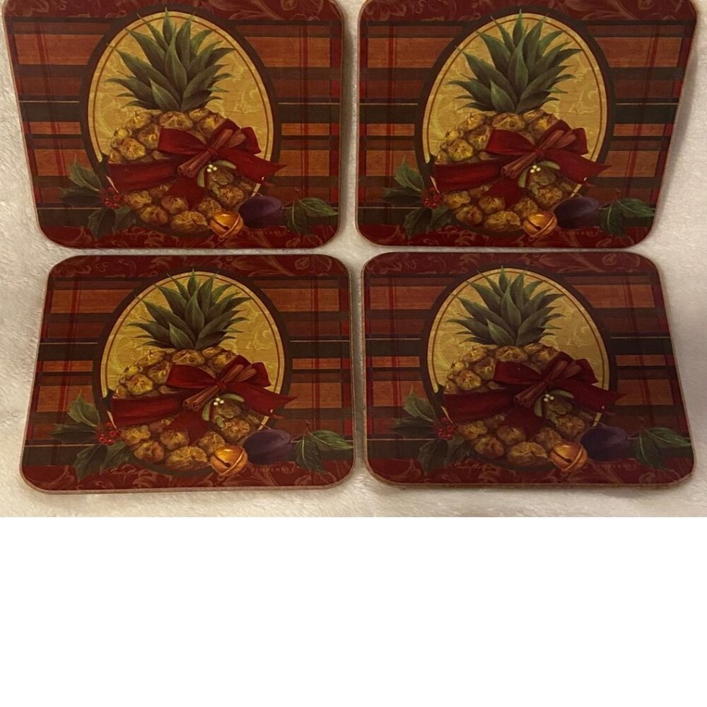 Vintage ~ Pimpernel Premier ~ Set of 4 Coasters ~ Pineapple w/Bow ~ Plaid ~ Cork